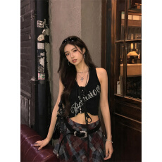 批发美式复古印花绑带背心女修身辣妹<b class='q'>街头</b>风内新款百搭时尚