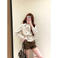 批发韩系复古条纹翻领<b class='q'>不规则</b>长袖新款百搭时尚显瘦气质简约