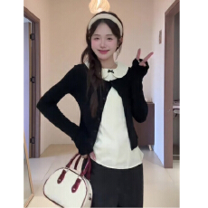 批发韩系两件套上衣女秋季娃领内搭长袖黑色开新款百搭时尚