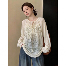 批发领口绑带设计印花图案防晒长袖罩衫夏季新款宽松百搭时尚