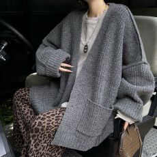 批发秋冬<b class='q'>新款</b>法式复古V领氛围感开衫宽松慵懒休闲绵羊毛衣外套