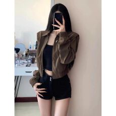 批发美拉德垫肩皮夹设计感早秋新款甜酷辣妹短款外套女百搭