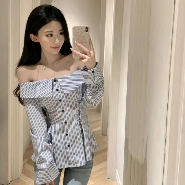 一字领修身收腰上衣女早秋新款性感辣妹条纹衬衫别致系带长袖T 服裝批發女裝批發服飾貨源