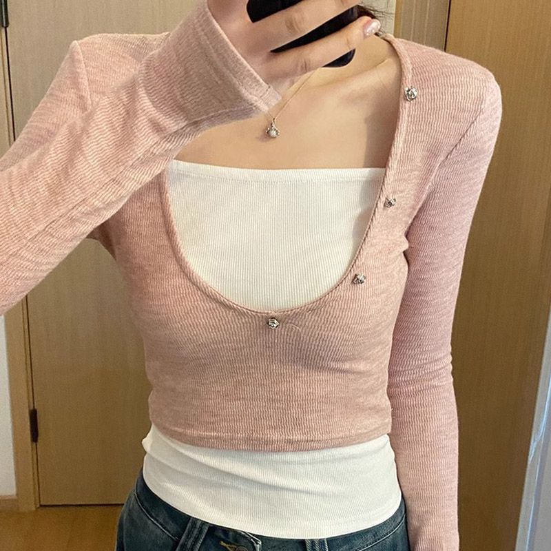 甜辣假两件长袖T恤女春秋设计修身短款内搭打底别致上 服裝批發女裝批發服飾貨源