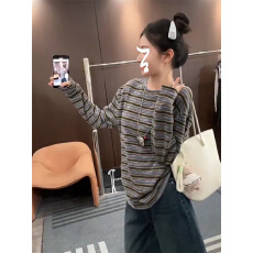 批发复古慵懒条纹长袖T恤女早秋宽松休闲打底衫上衣韩系穿搭