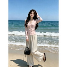 批发韩系chic<b class='q'>甜美</b>粉新款百搭时尚显瘦气质简约休闲韩版