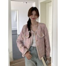 批发粉色小香风外套春秋女新款韩系<b class='q'>甜美</b>名媛风减龄粗花呢短款