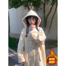 批发高级感超好看加厚外套冬季奶黄色牛角扣中长款呢子夹<b class='q'>大</b>