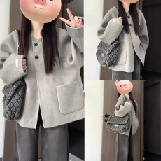 批发新款赫本风灰色毛呢外套<b class='q'>女</b>秋冬季小个子加厚短款<b class='q'>大</b>衣百搭