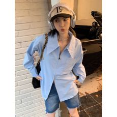 批发新款法式拉链蓝色<b class='q'>长袖</b><b class='q'>衬衫</b>女外套设计感气质<b class='q'>衬衣</b>宽松上衣
