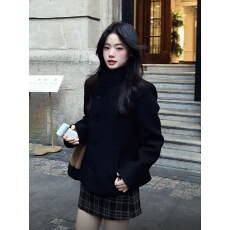 批发黑色高级感呢子<b class='q'>大</b>衣女秋冬新款毛呢外套小个子赫本风气质