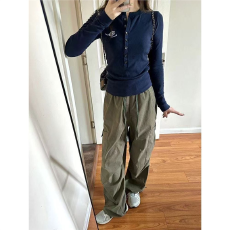 批发半开领纽扣长袖<b class='q'>t</b><b class='q'>恤</b>女秋季修身打新款百搭时尚显瘦气质