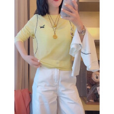 批发高级感刺绣小狗黄色长袖t恤女装秋季2025新款明线<b class='q'>上衣</b><b class='q'>打底</b>衫女士