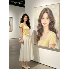 批发温柔风两件套女夏鹅黄修身针织上衣高腰米白大摆飘逸半身长裙套装