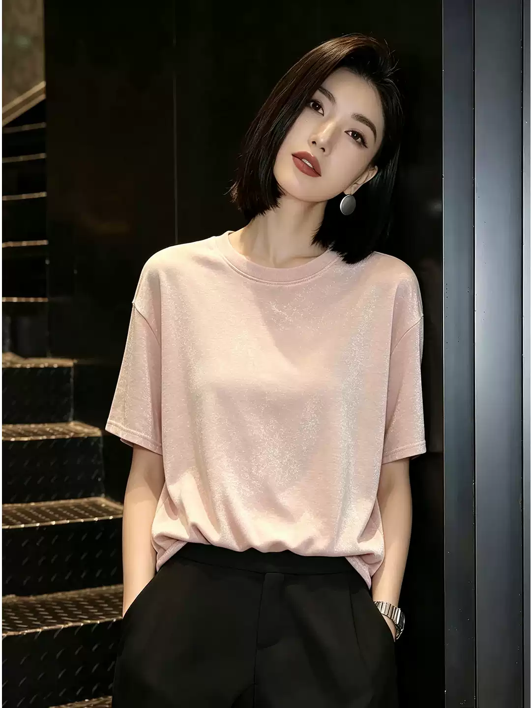 RY7598# 出片漂亮衣服夏季新款洋气减龄粉色短袖T恤正肩显瘦百搭上衣