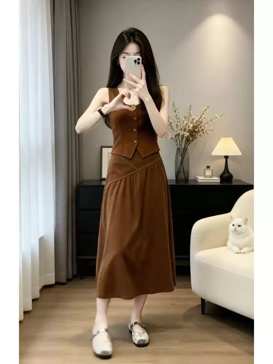 BY29306# 美拉德风焦糖色无袖马甲高腰半身裙套装女夏季气质通勤显瘦两件套  服裝批發女裝批發服飾貨源