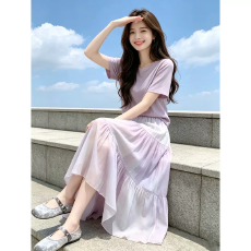 批发夏季新款温柔甜美短袖T恤女宽松显瘦气质上衣<b class='q'>不规则</b><b class='q'>半身裙</b>两件套