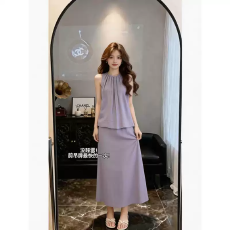 批发紫色套装女<b class='q'>夏季</b>新款花边领挂脖上衣高腰飘逸度假风半身裙两件套
