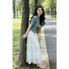 批发法式短袖牛仔洋气上衣衣服白色<b class='q'>蕾丝</b>长裙套装女时髦休闲气质两件套