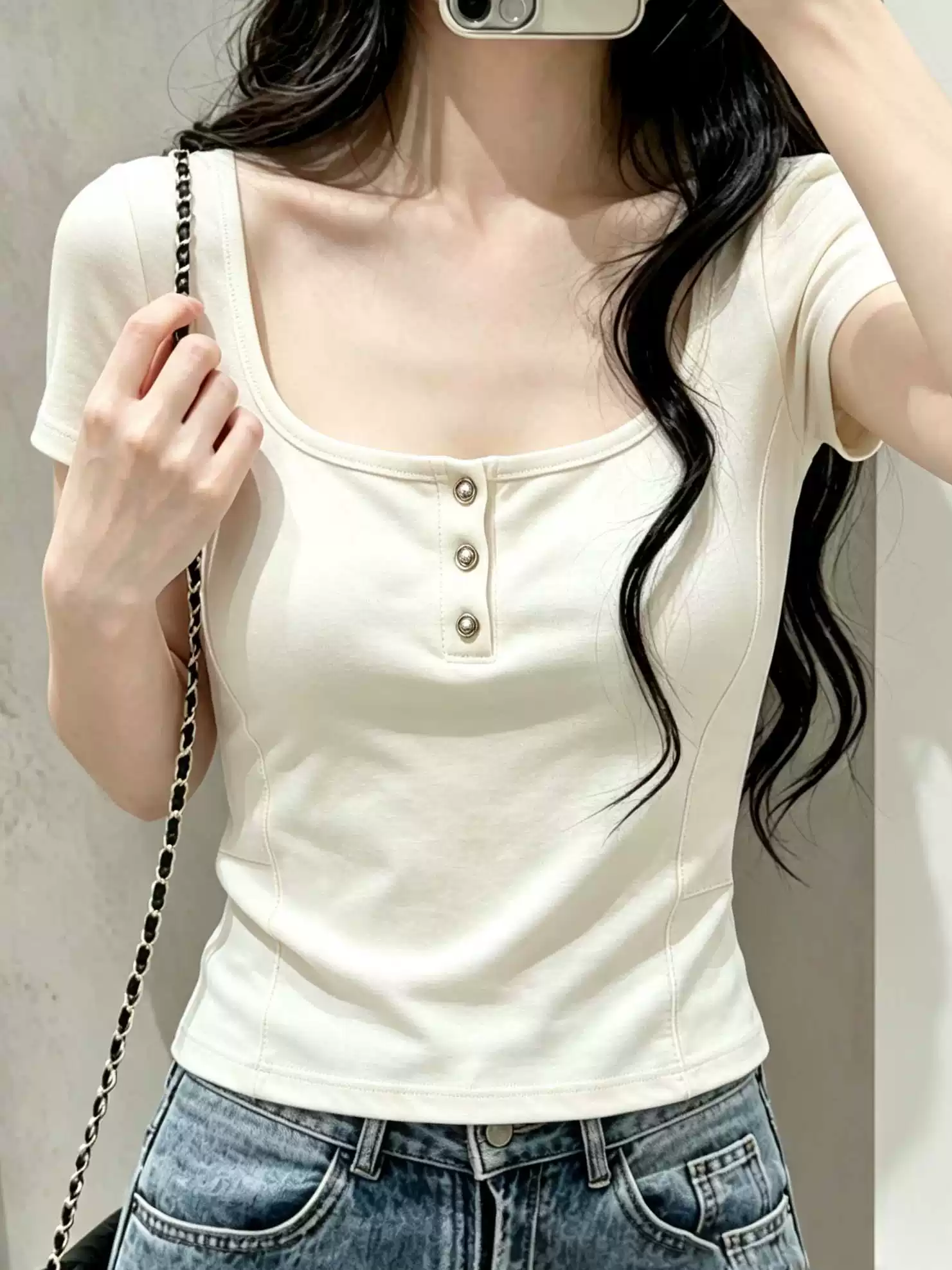 RY7748# 杏色女士超好看短袖T恤女款2026夏季气质氛围感通勤修身显瘦上衣