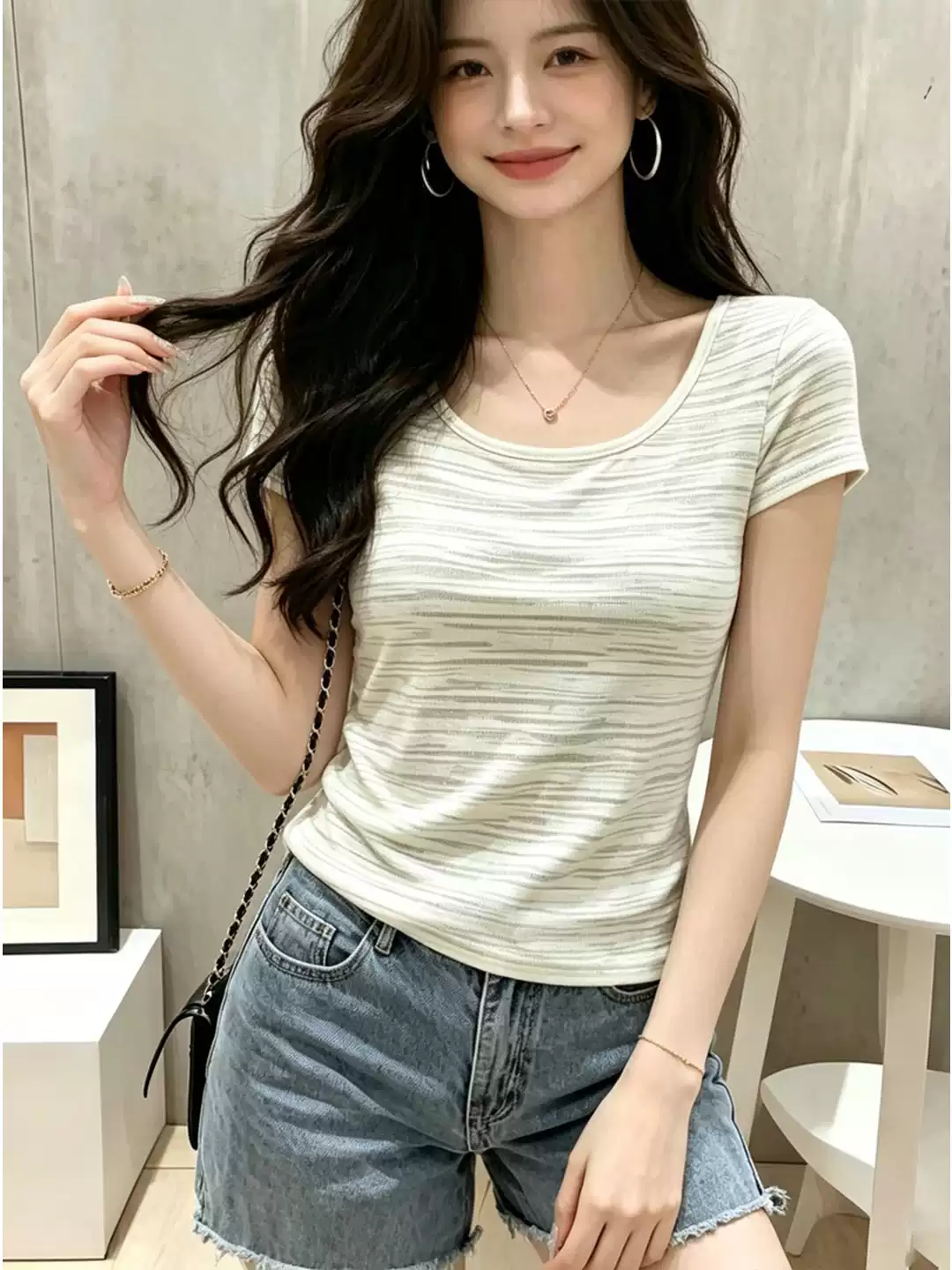 RY7744# 侧边收褶竹节棉短袖条纹圆领小个子松弛感通勤2026夏季氛围...