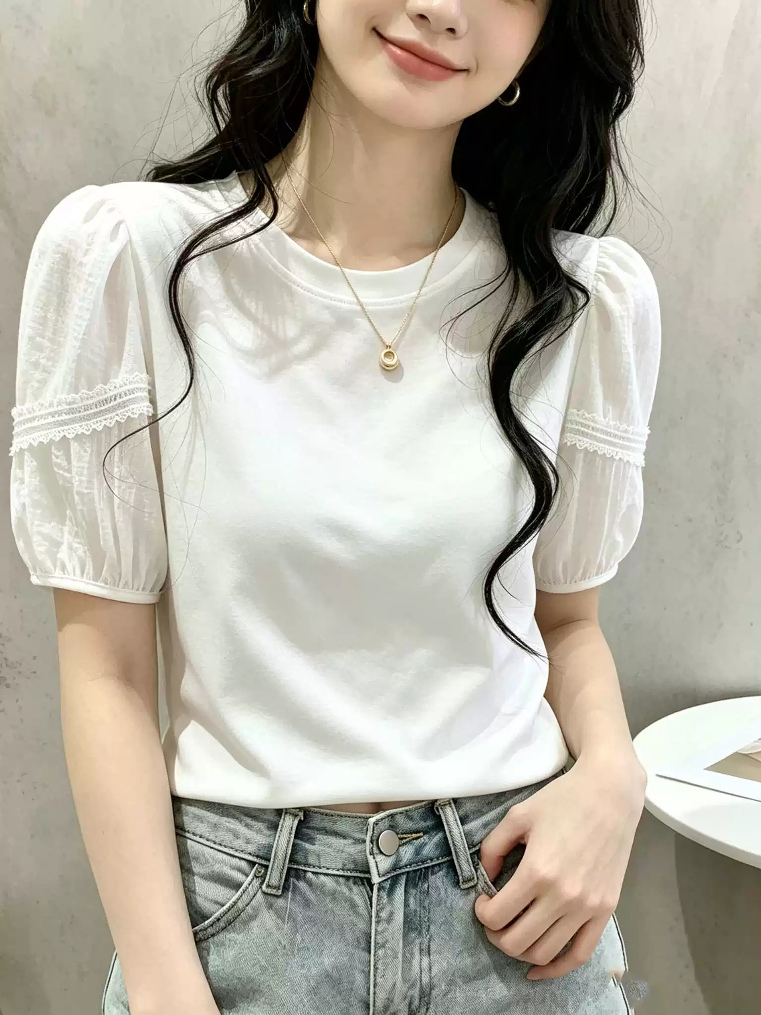 BY30005# 蕾丝泡泡袖圆领短袖T恤女款小个子夏季温柔风通勤氛围感上衣 服裝批發女裝批發服飾貨源