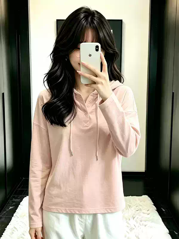 RY8525# 韩系百搭薄款连帽长袖t恤女2026新款秋季舒适宽松罩衫上衣...