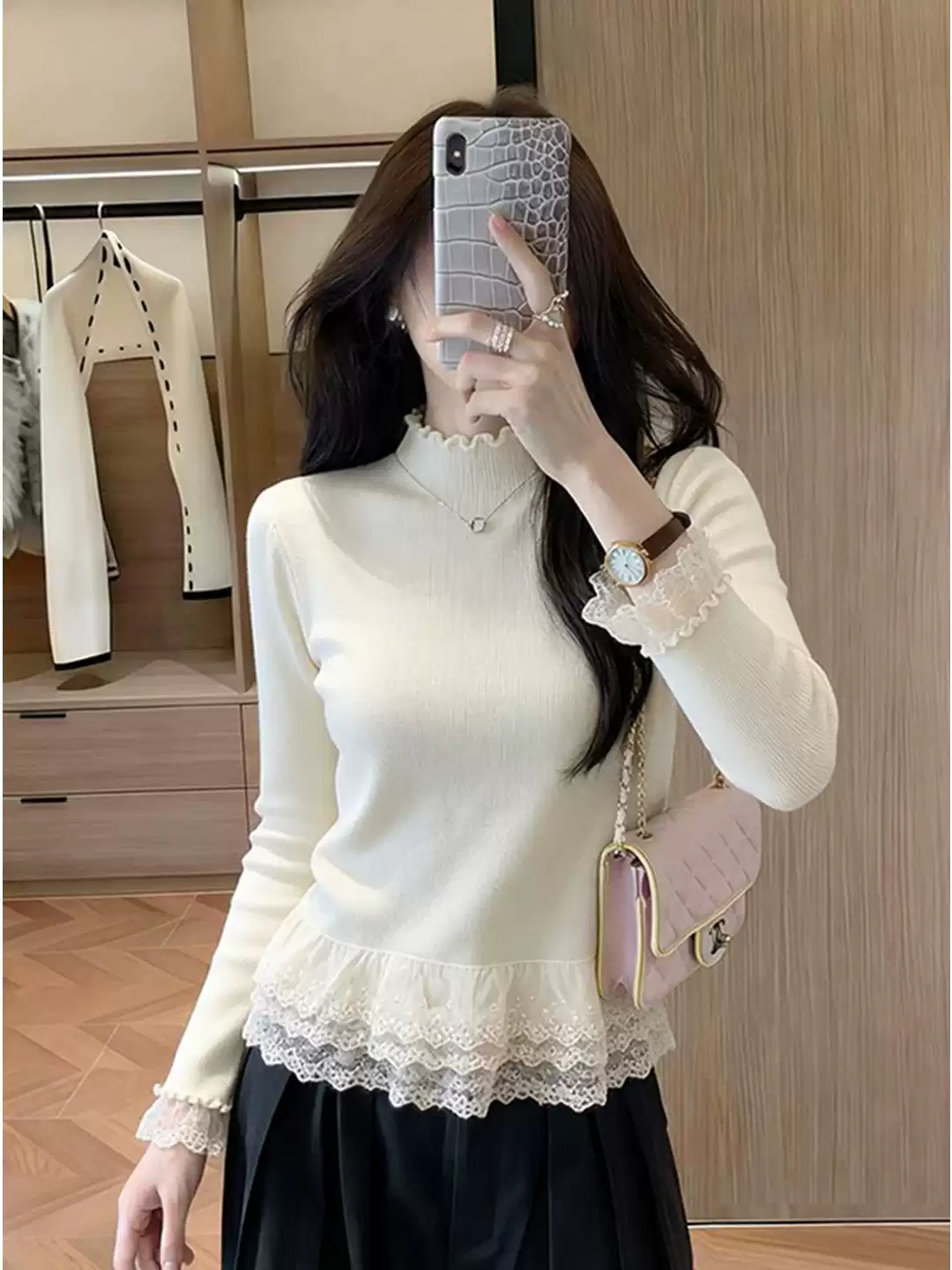 RY8524# 杏色打底衫女秋冬木耳蕾丝边拼接半高领叠穿内搭修身显瘦针织上...