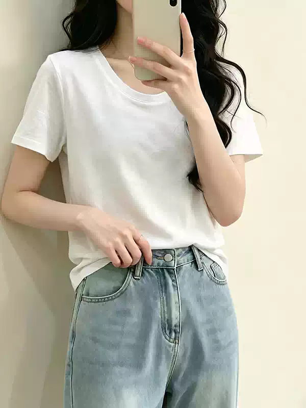 RY8522# 小个子冰丝 U 领收腰 T 恤 2026 夏季氛围感显瘦百...