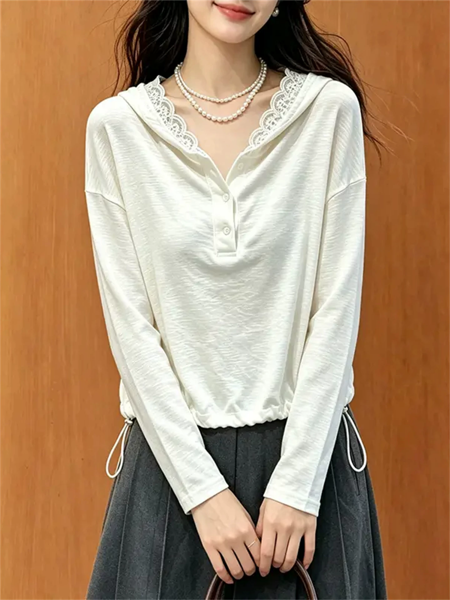 RY8517# 蕾丝花边连帽抽绳上衣女慵懒风2026秋季气质极简风宽松长袖...