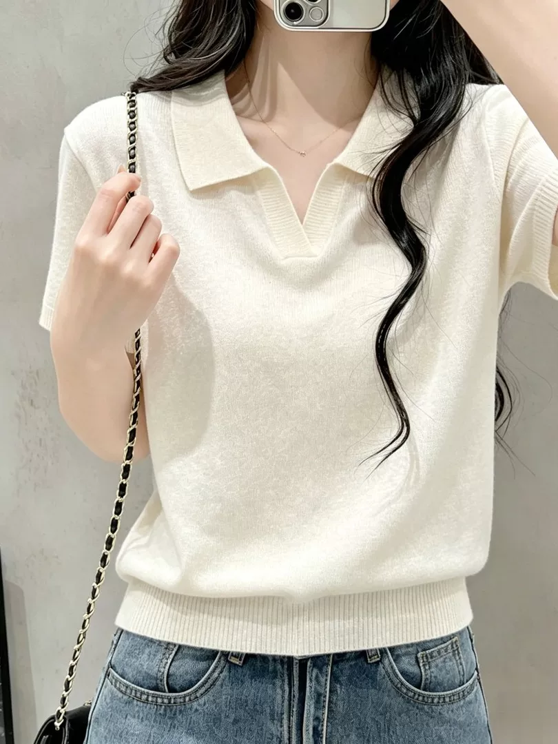 RY8509# 2026夏季新款韩版通勤风翻领短袖T恤针织衫女显瘦薄款米白...