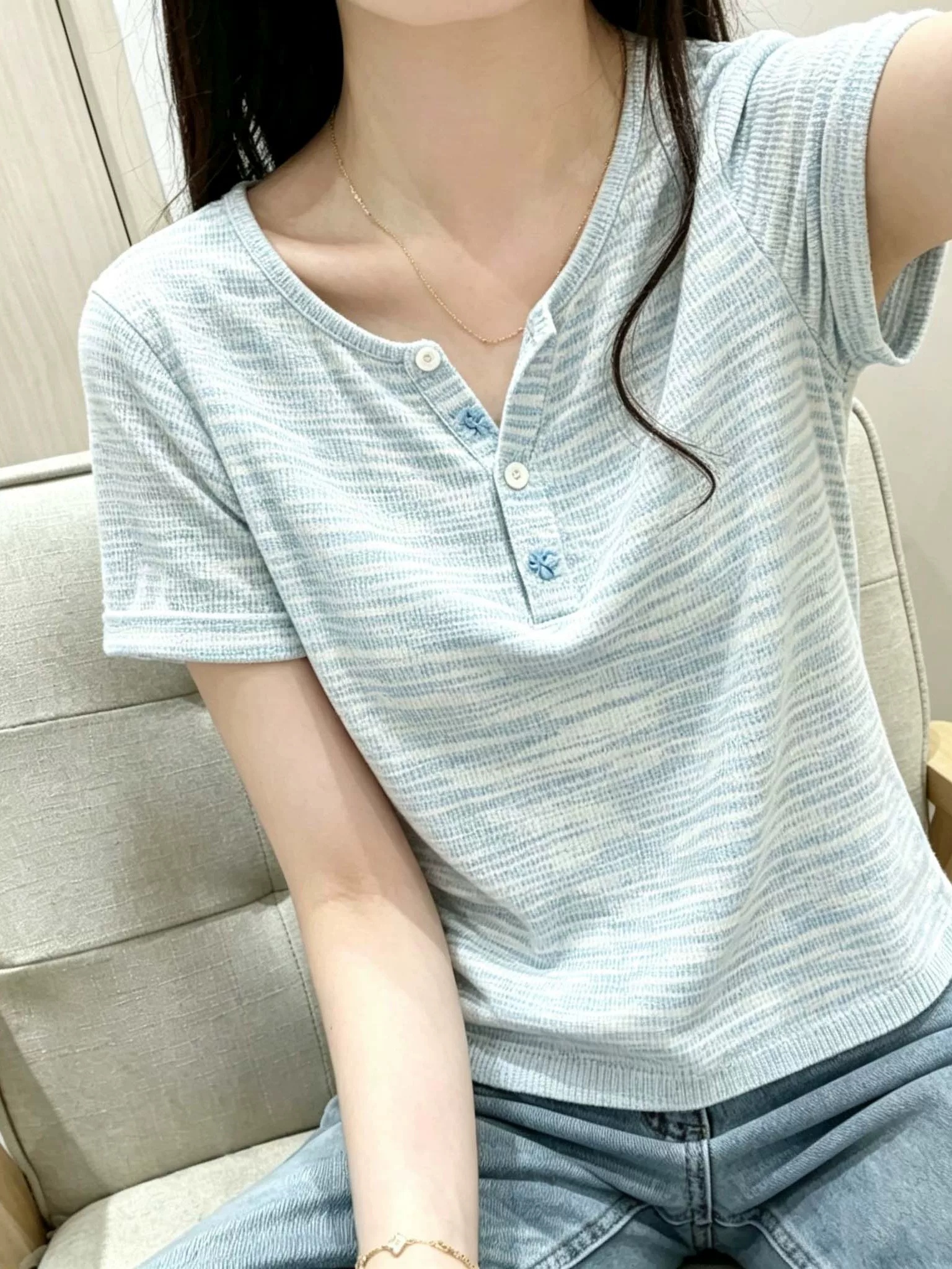 RY8506# 螺纹棉混色半开扣短袖T恤女2026夏季极简小个子通勤显瘦宽...