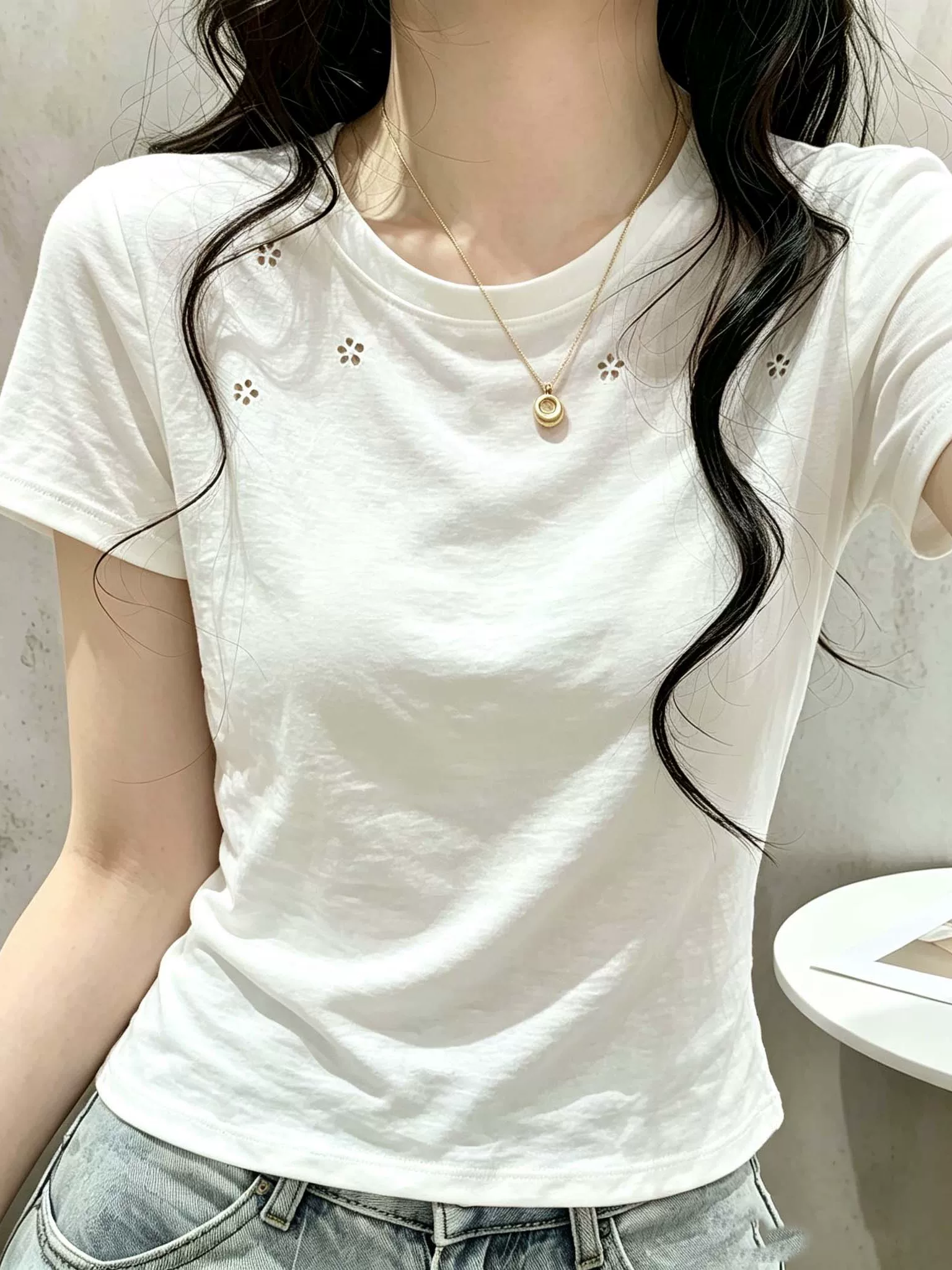 RY8502# 纯棉通勤短袖T恤女薄款新款2026夏季氛围感圆领烫钻显瘦收...