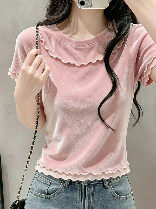 RY8501# 气质减龄双层木耳边粉色圆领短袖t恤女夏季新款多巴胺设计感上...