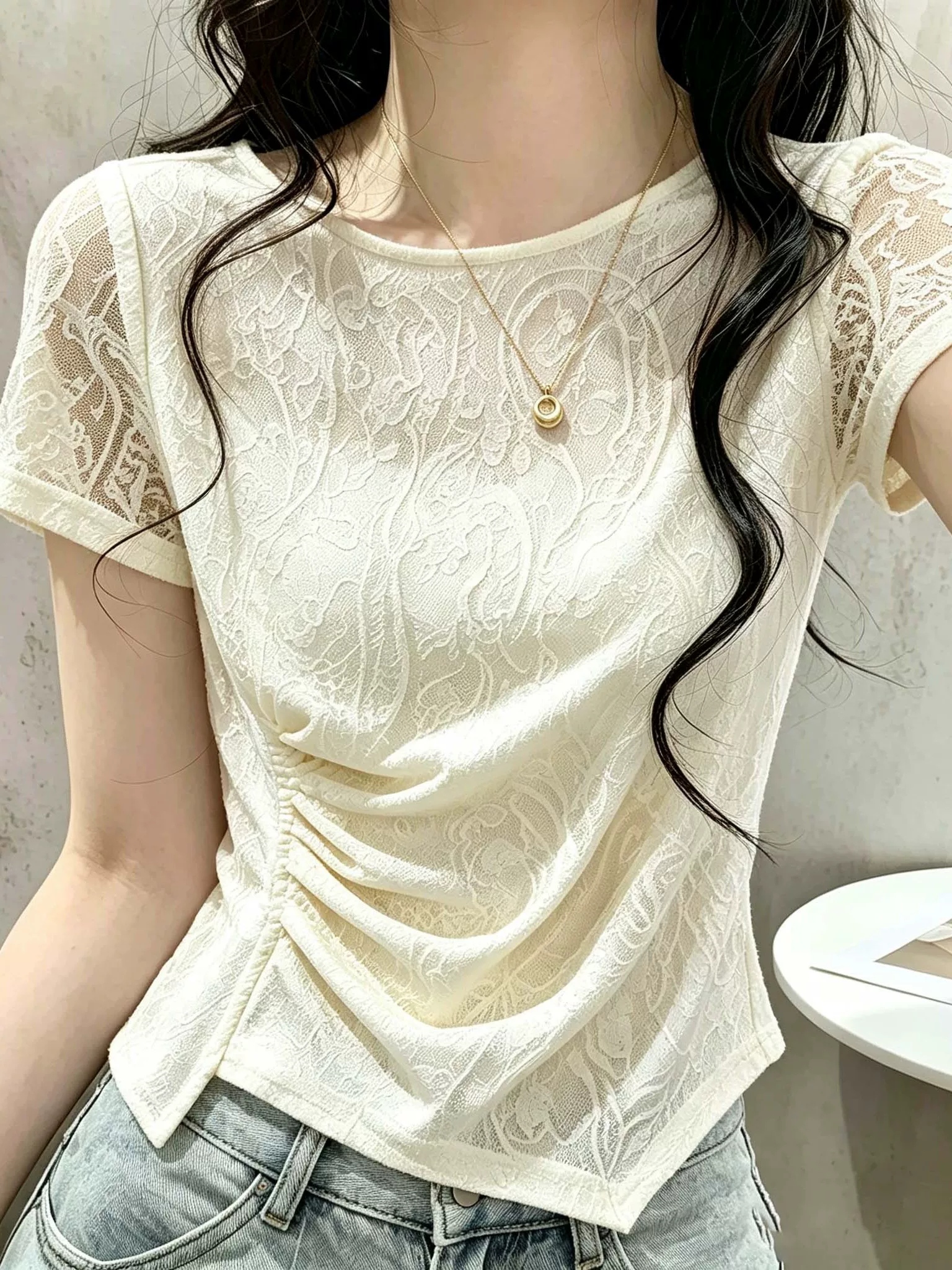 RY8889#夏季新款法式肌理提花气质一字领收腰独特漂亮短袖T恤女上衣