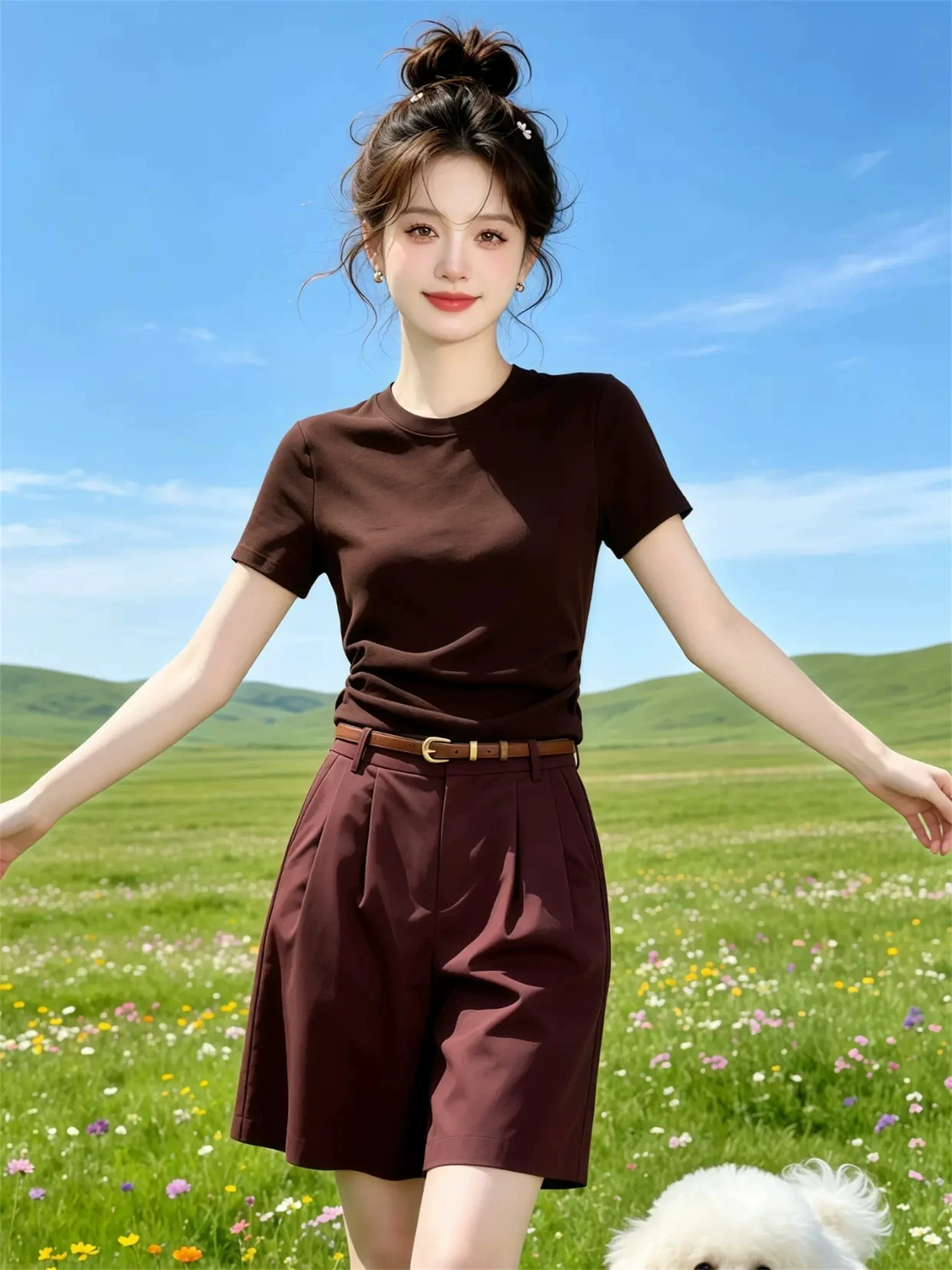 RY8884# 巨好看小个子套装女夏季韩系气质修身显瘦正肩短袖上衣休闲短裤潮