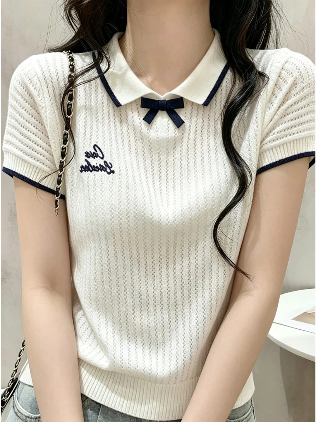 RY8883# 高级感通勤针织Polo领藏蓝边短袖2026夏季韩系老钱风百...