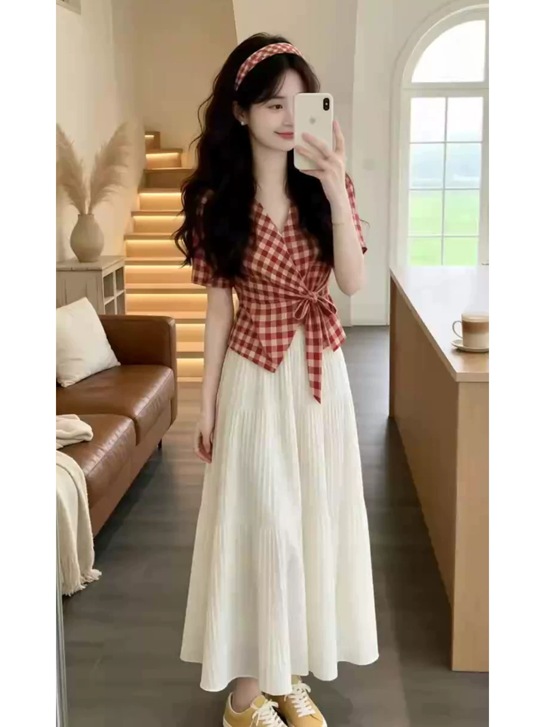 RY8878#大码夏上新洋气套装女格子显瘦设计感上衣搭高腰A字半身裙两件套