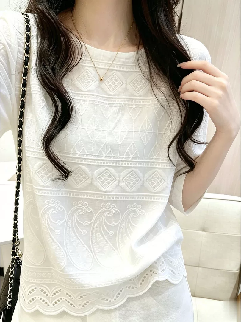 RY9326# 韩系白色刺绣镂空短袖T恤女2026夏季松弛感小个子老钱风显瘦上衣