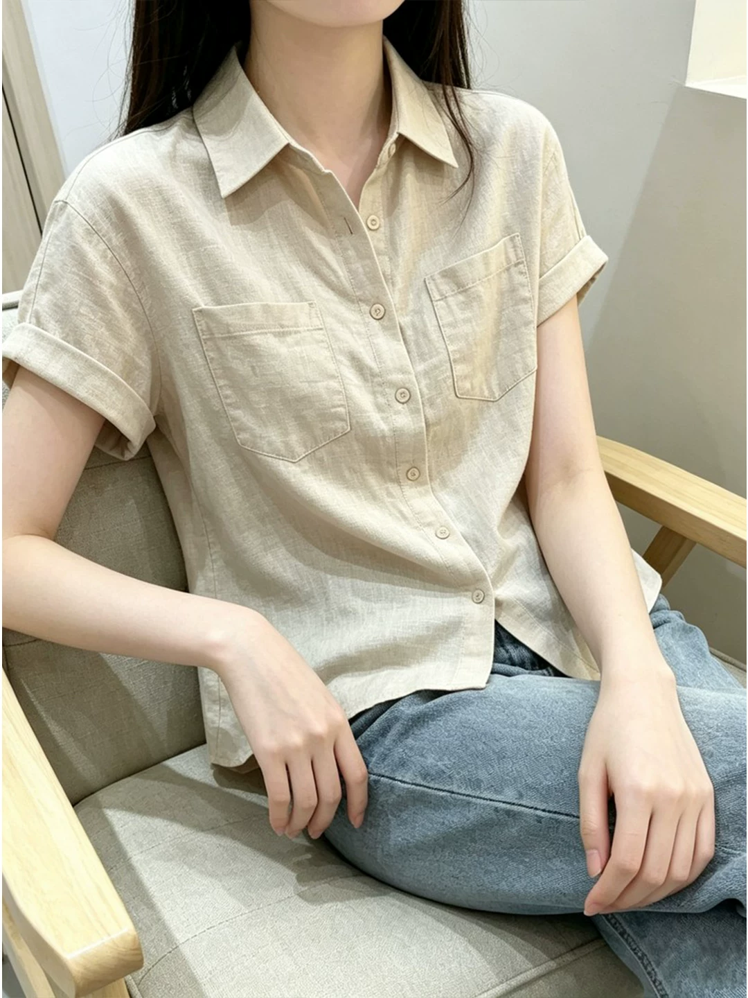 RY9325# 双口袋衬衫新款薄款女亚麻短袖通勤2026夏季松弛感显瘦百搭上衣