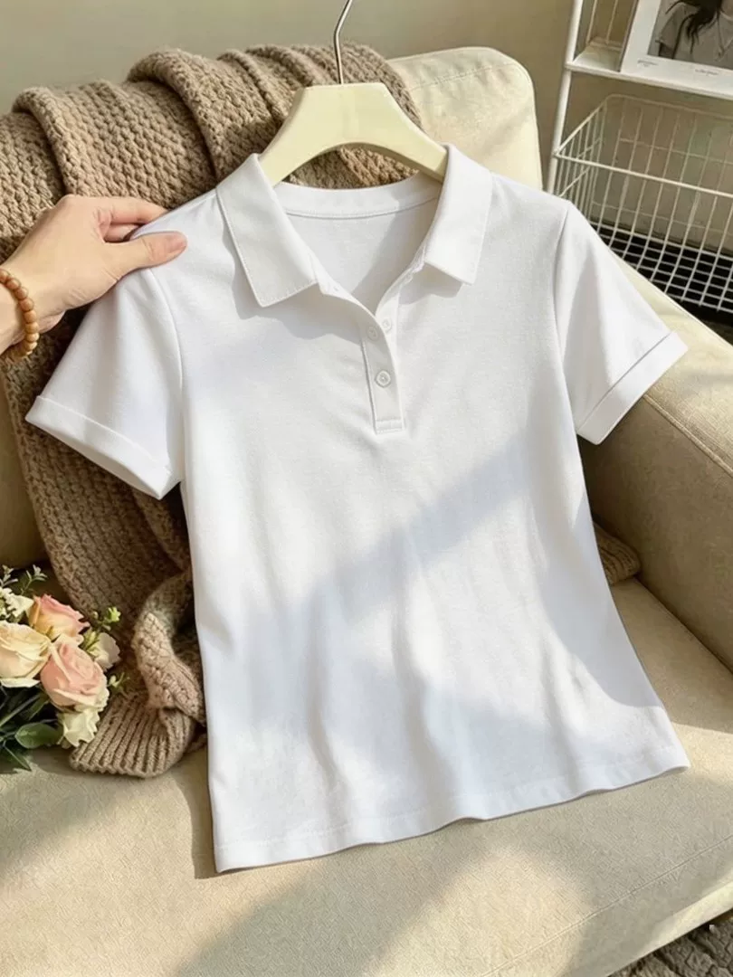RY9324# 老钱风纯棉Polo短袖T恤女翻领卷边修身2026夏季白色通勤套头上衣