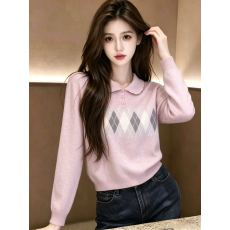 批发温柔减龄针织<b class='q'>T</b><b class='q'>恤</b>女2026年秋冬季新款<b class='q'>娃娃领</b>菱格长袖套头打底上衣
