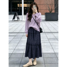 批发2026年流行款女装秋季穿搭温柔慵懒薄款紫色<b class='q'>罩衫</b>碎花半身裙套装