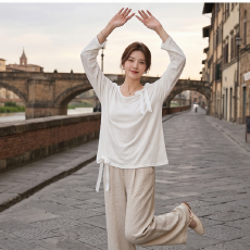 批发时髦设计感蝴蝶结装饰宽松显瘦长袖<b class='q'>T</b><b class='q'>恤</b>女2026春新款慵懒风上衣