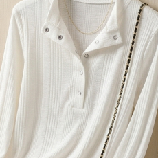 批发白色正肩长袖T恤<b class='q'>针织</b>衫<b class='q'>女</b>秋冬半开领坑条修身显瘦内搭打底衫上衣