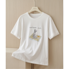 凉爽百搭简约宽松大版卡通夏季明线蕾丝拼接雪花棉短袖T恤女