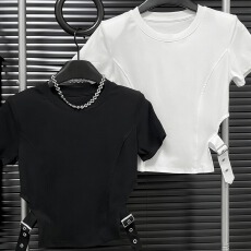 批发韩系侧边皮带装饰<b class='q'>短款</b>短袖 T 恤 女士春夏休闲修身街头风上衣