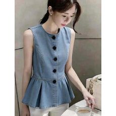 批发韩系夏季新款<b class='q'>牛仔</b><b class='q'>马甲</b>时尚休闲超好看百搭高级感花边下摆