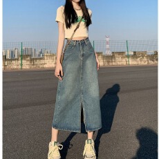批发2026年新款<b class='q'>复古</b>开叉牛仔半身裙女宽松显瘦高腰中长款百搭a字裙子