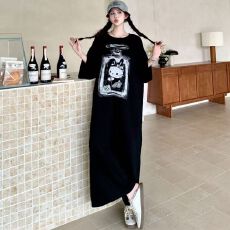 批发韩系时尚长款夏季新款T恤短袖开叉过膝宽松长裙休闲懒人<b class='q'>连衣裙</b>ins
